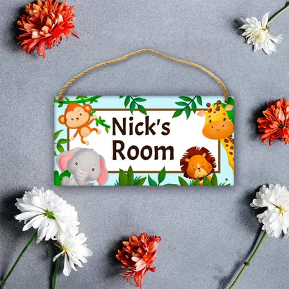 Personalized Name Baby Blue Jungle Animals Door Sign