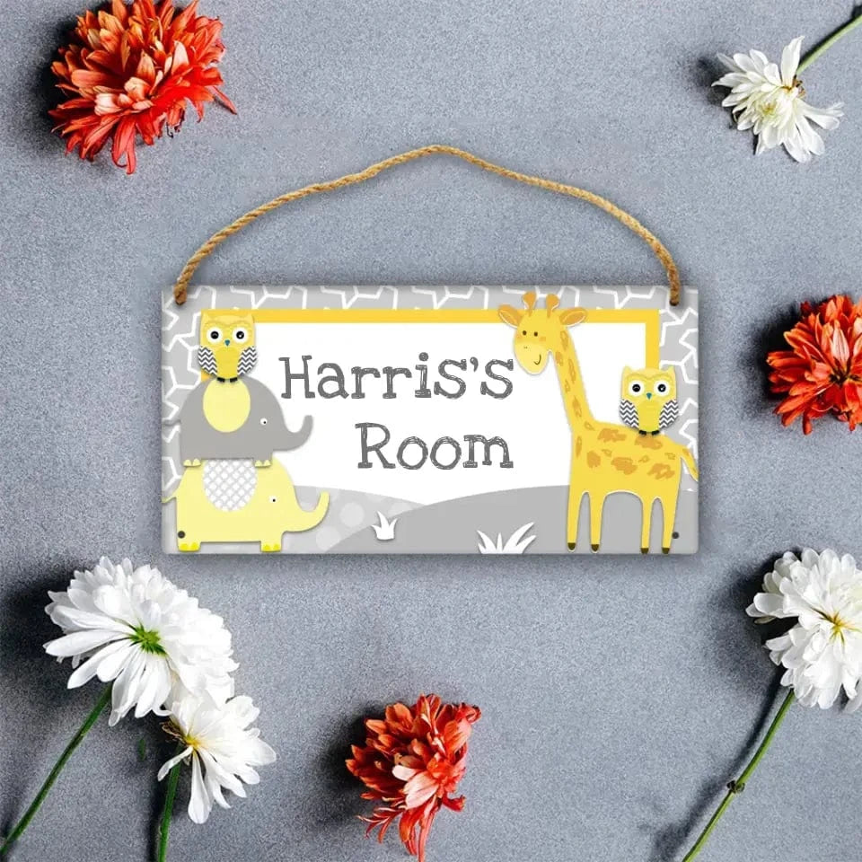 Personalized Grey Name Door Sign - Animal Jungle Forest Giraffe Owl Elephant