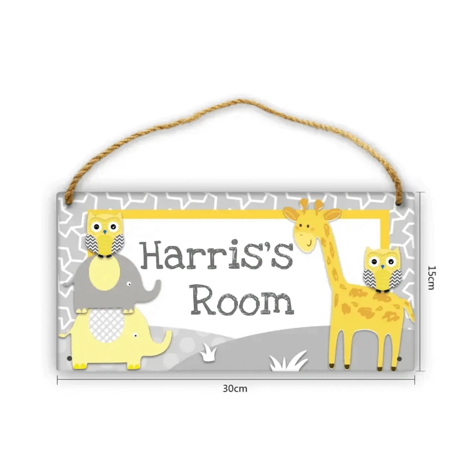 Personalized Grey Name Door Sign - Animal Jungle Forest Giraffe Owl Elephant
