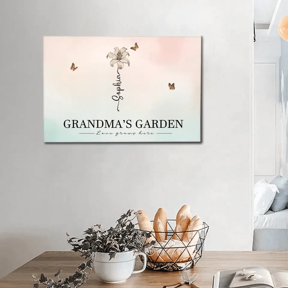 Personalized Canvas Wall Art - Grandma‘s Garden Love Grows Here, Beautiful Birth Month Flower Gift For Grandma Mom