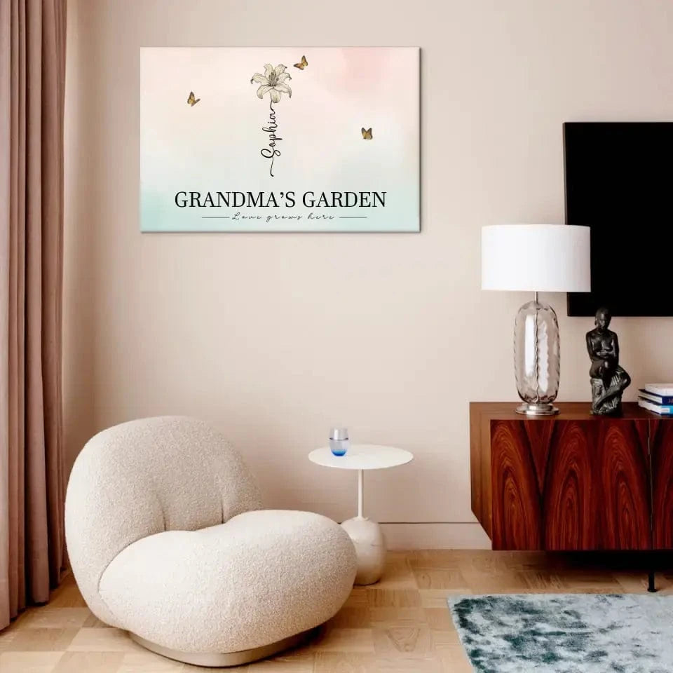 Personalized Canvas Wall Art - Grandma‘s Garden Love Grows Here, Beautiful Birth Month Flower Gift For Grandma Mom
