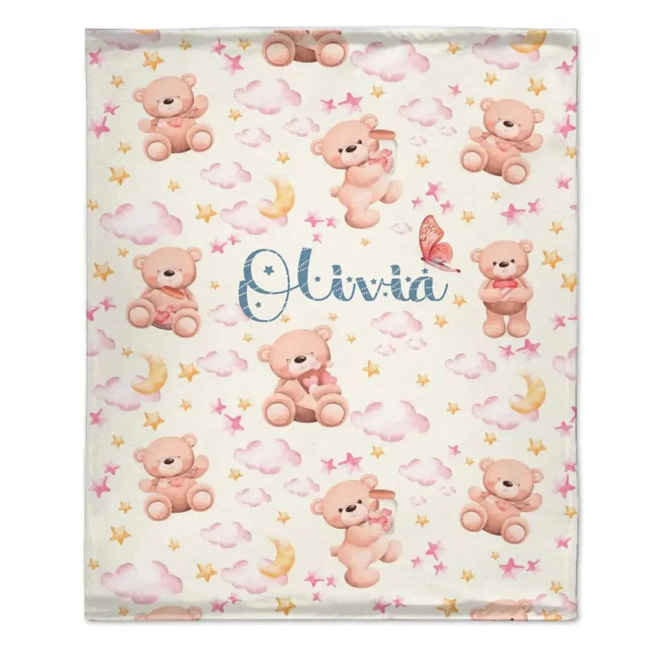 Personalized Name Baby Toddler Blanket For Girls - Pastel Colors, Bears, Stars, Clouds, Gift for Newborn