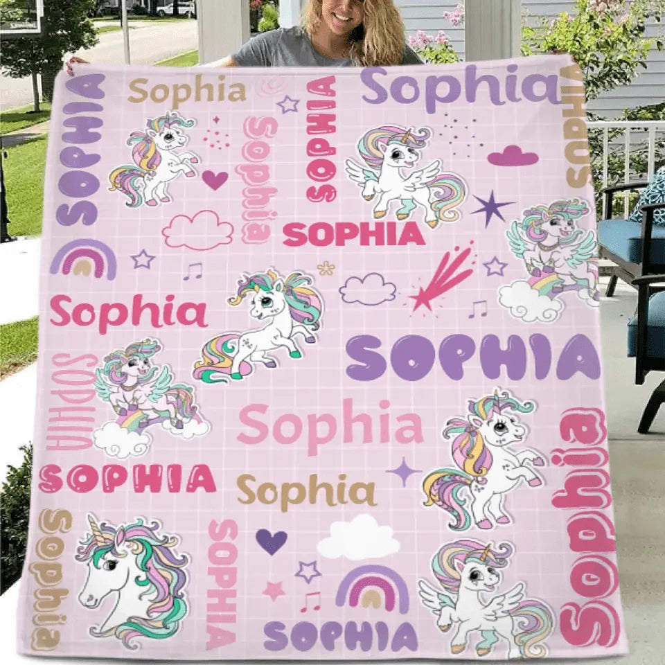Personalized Custom Rainbow Unicorn Blankets for Kids - Gift for Girls Baby Birthday Shower Gift