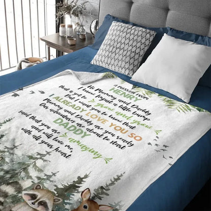 Personalized Bear Raccoon Fox Deer Four Animals Woodland Theme Gift Blanket- Mommy And Daddy