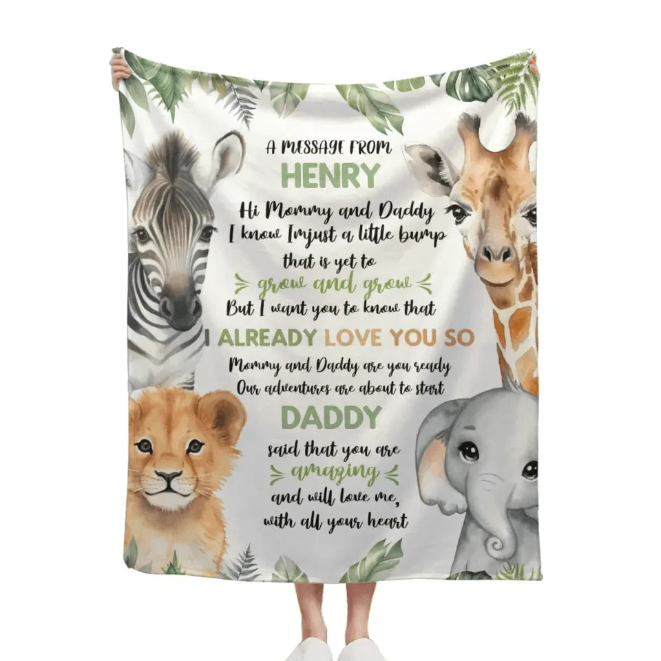 Personalized Zebra Lion Baby Elephant Deer On The Left And Right Sides Woodland Blanket- Mommy And Daddy