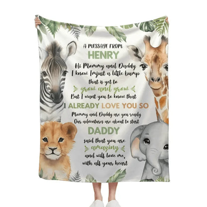 Personalized Zebra Lion Baby Elephant Deer On The Left And Right Sides Woodland Blanket- Mommy And Daddy
