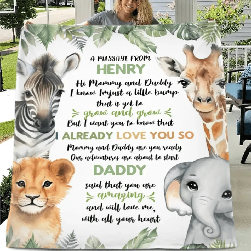 Personalized Zebra Lion Baby Elephant Deer On The Left And Right Sides Woodland Blanket- Mommy And Daddy