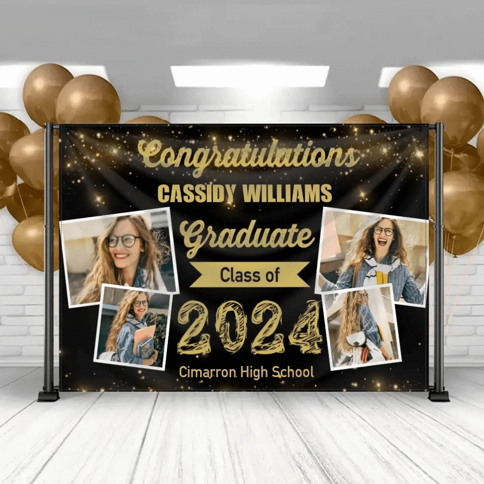 2024 Gold Sketch 4 Photo Collage Graduation Party Banner