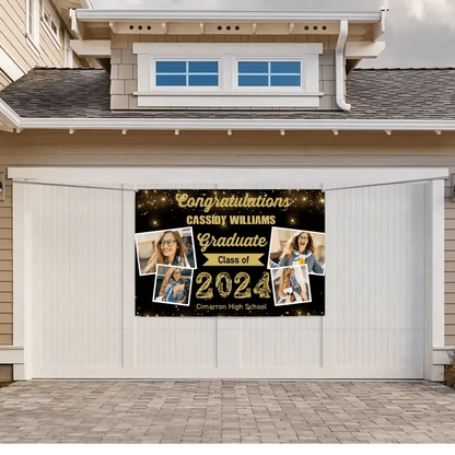 2024 Gold Sketch 4 Photo Collage Graduation Party Banner