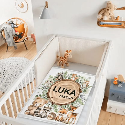 Woodland Stump Announcement Small Animal Friends Baby Name Blanket - Forest Animals Bear Fox Raccoon Deer