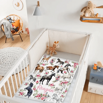 Personalized Baby Blanket - Floral Horse - Customized Name Blanket