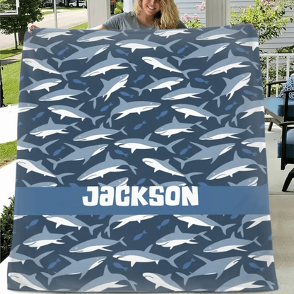 Nautical Shark Theme Personalized Name Custom Blanket - Gift For Children