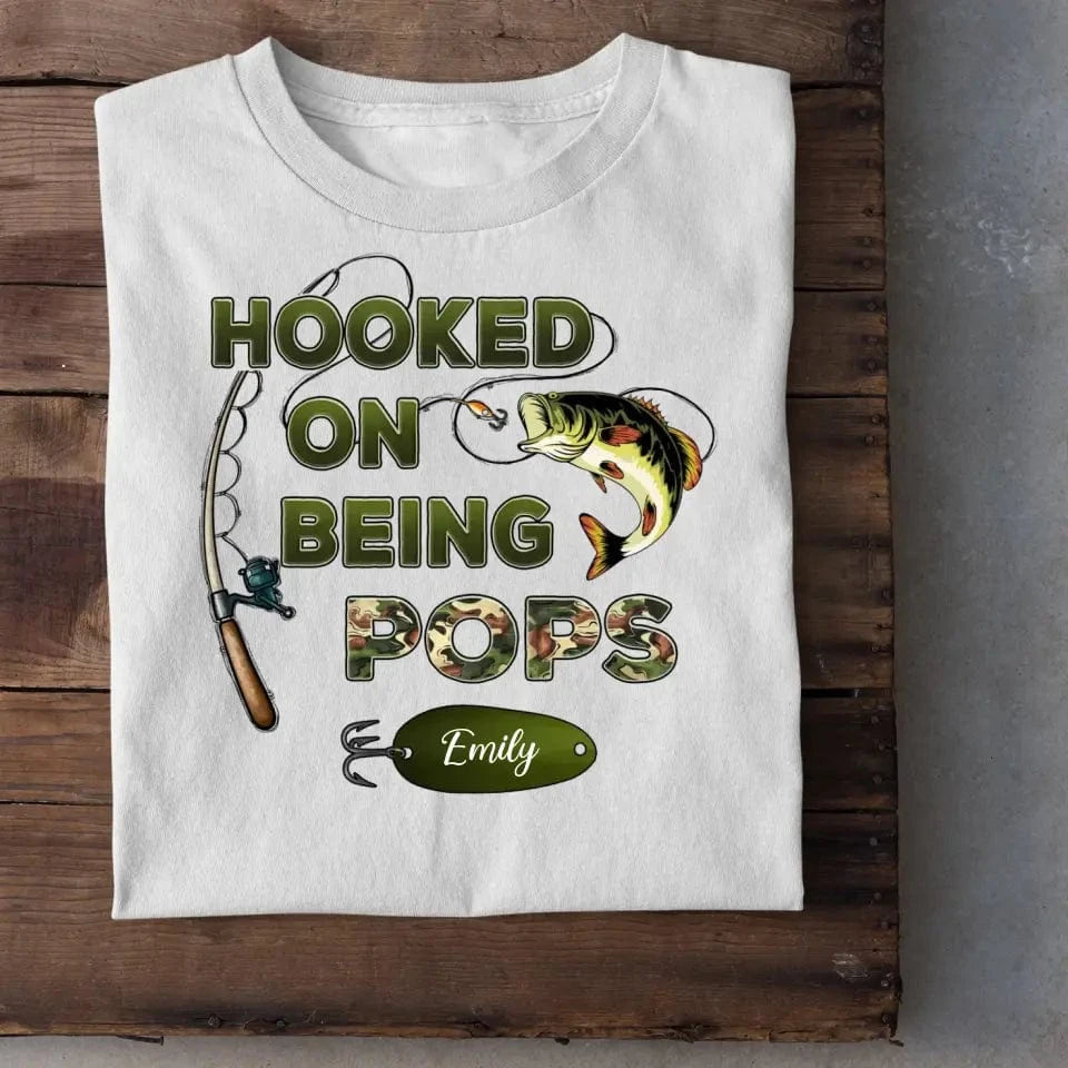 Hooked On Being Grandpa Fishing Camouflage Personalized Shirt, Father's Day Gift For Grandpa, Dad, Husband