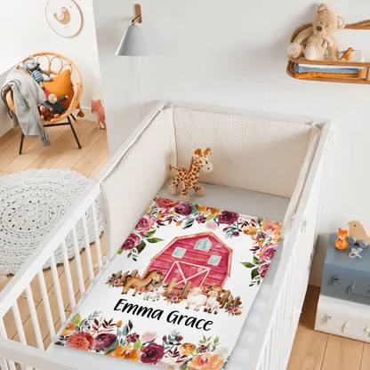 Floral Girl Farm Animal Blanket, Personalized Baby Girl Name Custom Blanket
