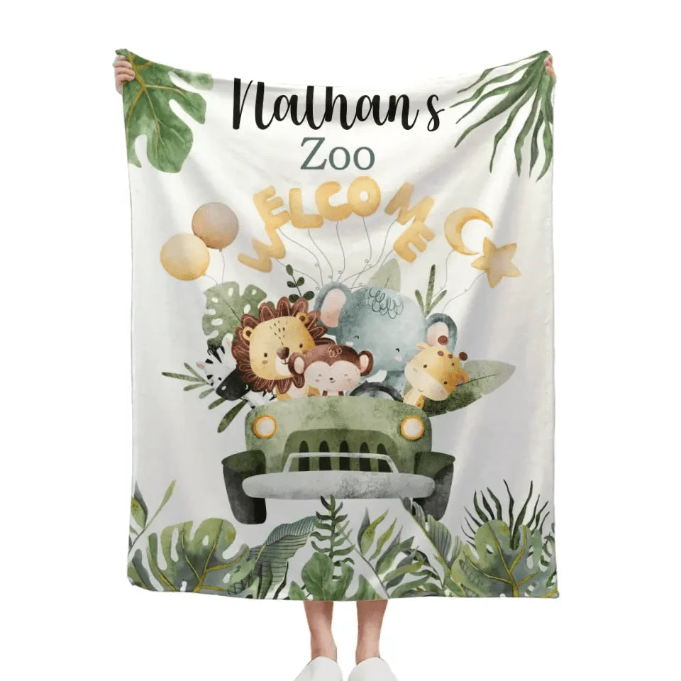Personalized Watercolor Safari Animals Welcoming with Truck Blanket