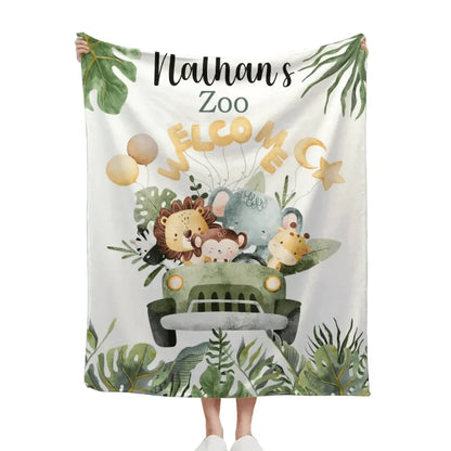 Personalized Watercolor Safari Animals Welcoming with Truck Blanket