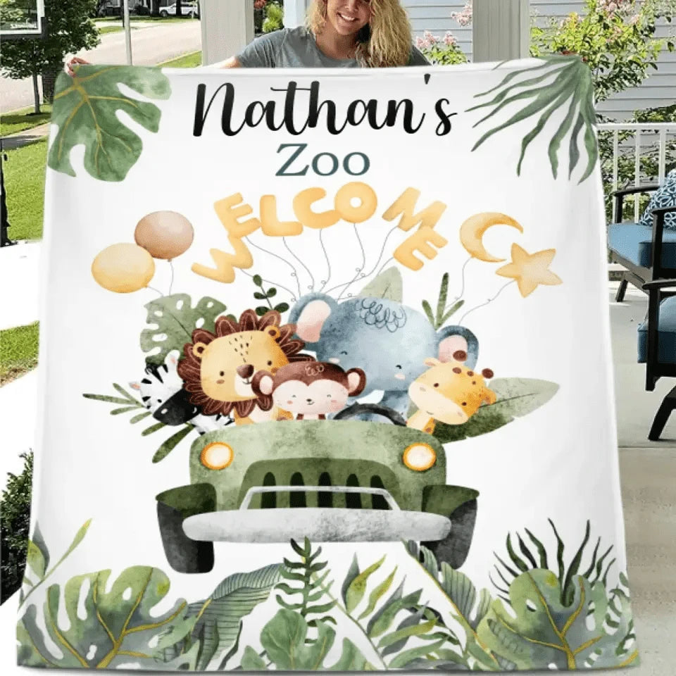 Personalized Watercolor Safari Animals Welcoming with Truck Blanket