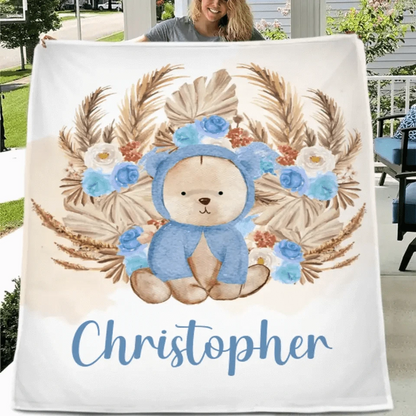 Personalized Bear Blanket With Yellow Leaves Background And Flowers