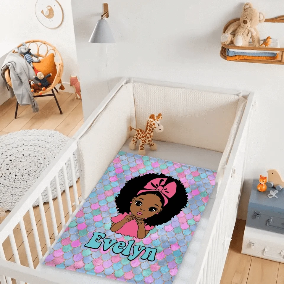 Customized Name Mermaid Pattern Black Baby Girl Blanket African Girl Birthday Gift Anniversary Gift