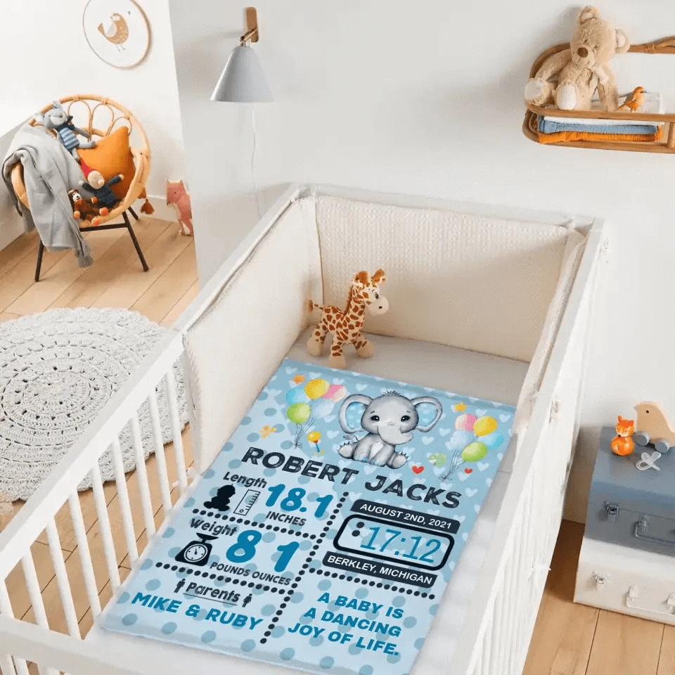 Personalized Baby Birth Stats Elephant Blanket for Boys Girls