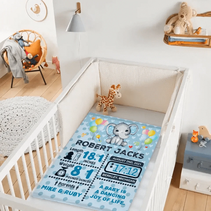 Personalized Baby Birth Stats Elephant Blanket for Boys Girls