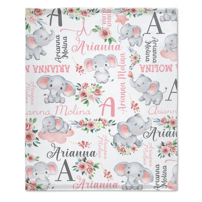 Floral Cute Elephant Personalized Customized Girl Blanket Birthday Gift Newborn Party Gift For Baby Kids Family