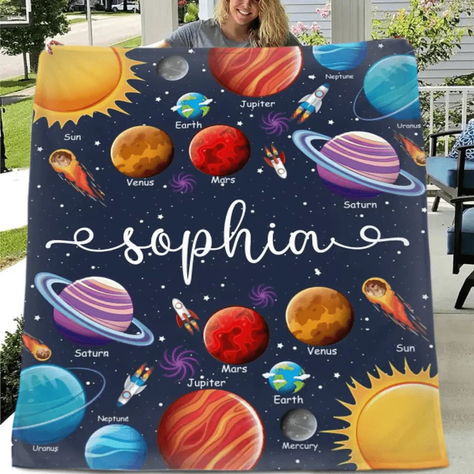 Custom Name Baby Blanket, Space Planets Galaxy Blanket
