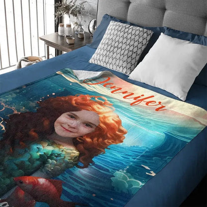 Custom Photo Name Little Mermaid Blanket, Personalized Gift for Daughter, Little Mermaid Birthday Surprise