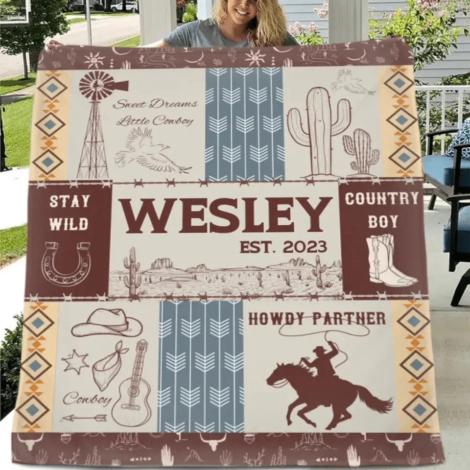 Western Kids Name Custom Cowboy Blanket, Customized 1st Birthday Gift