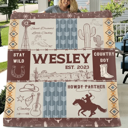 Western Kids Name Custom Cowboy Blanket, Customized 1st Birthday Gift