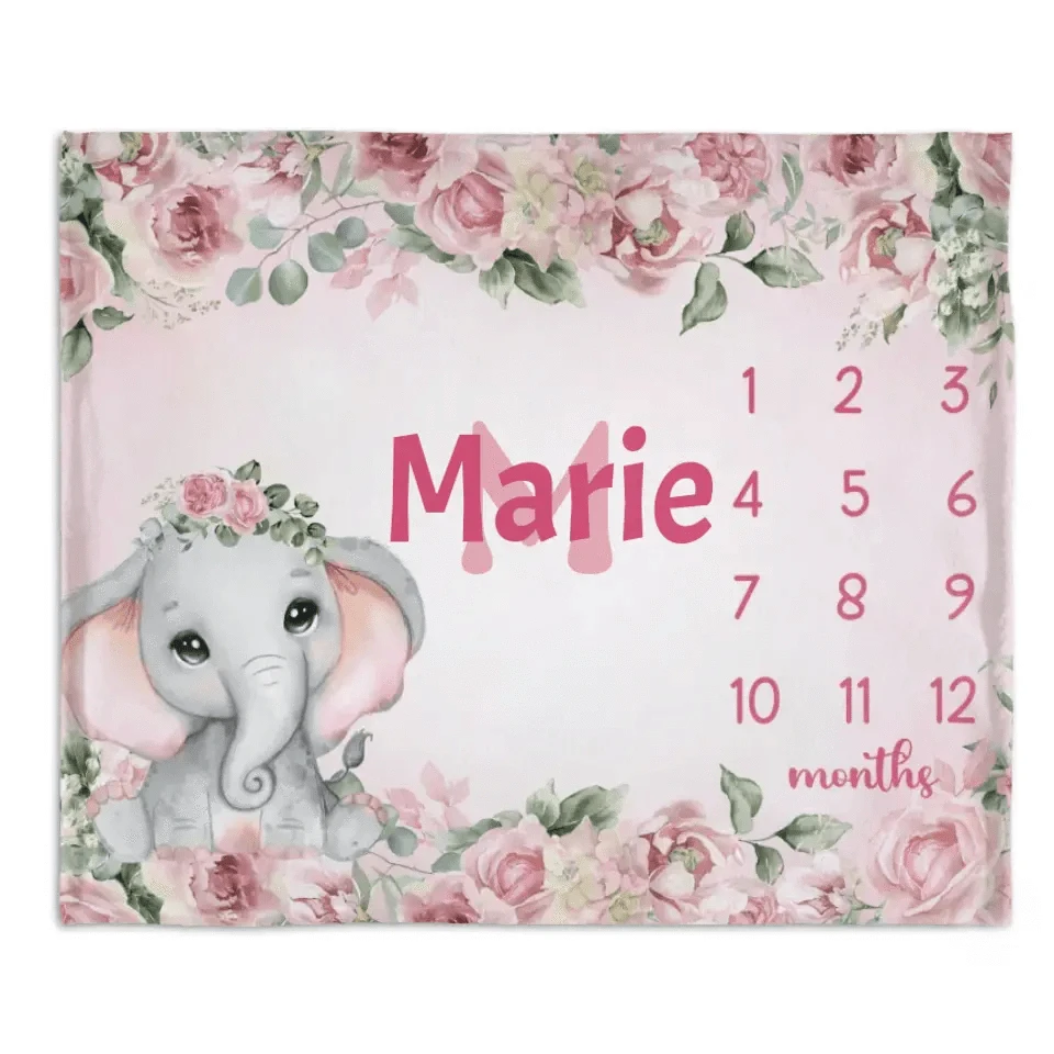 Baby Girl Monthly Milestone Blanket, Floral Elephant Blanket for Newborn Baby Shower