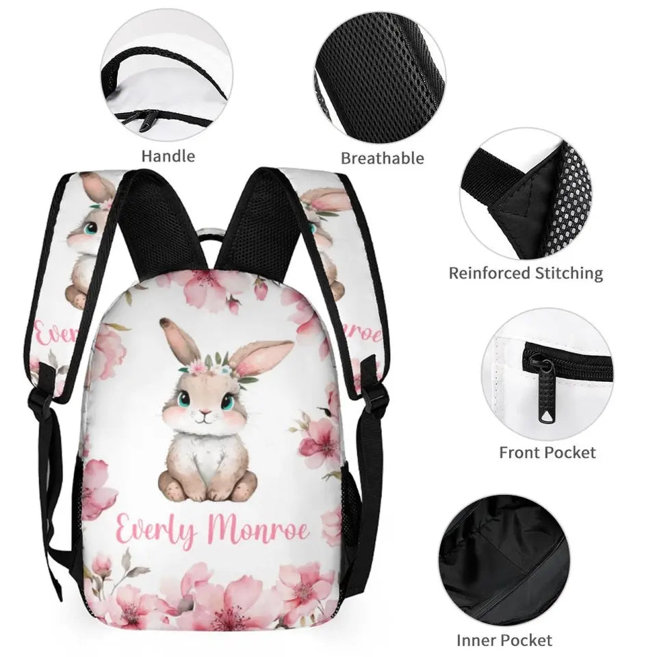 Personalized Girl Name Backpack, Pink Cherry Blossom Rabbit