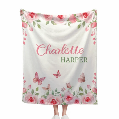 Personalized Name Pink Flower Blanket