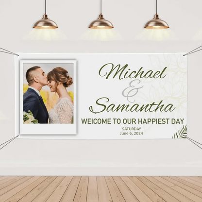 Personalized White Wedding Banner With Custom Photo And Name