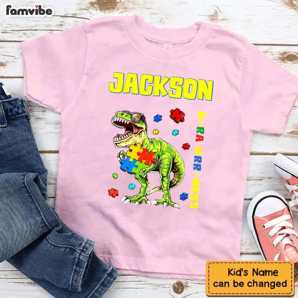 Puzzles and Dinosaurs - Personalized Name Colourful Graphic T-Shirt - A Gift for Child