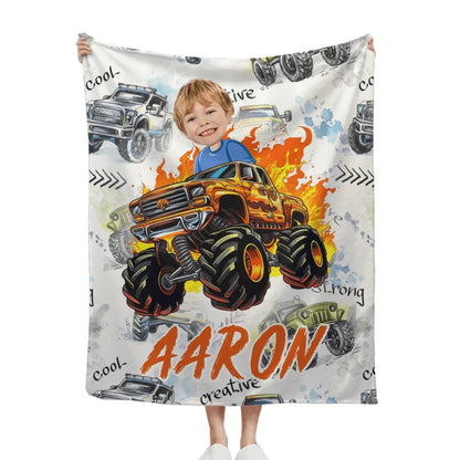 Flame Truck - Customized Name Face Kids Blanket - Gift for Kids