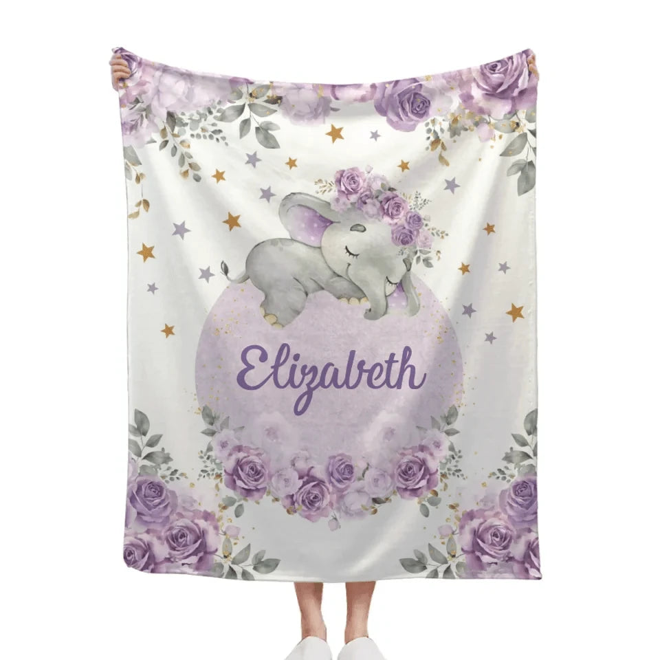 Customized Elephant Blanket - Personalized Name Blankets In Three Color Choices Of Flowers And Elephants - A Gift For Child,Baby