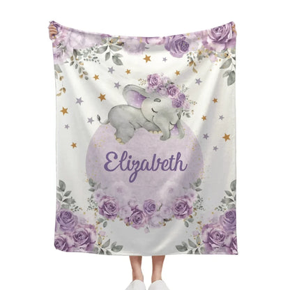 Customized Elephant Blanket - Personalized Name Blankets In Three Color Choices Of Flowers And Elephants - A Gift For Child,Baby