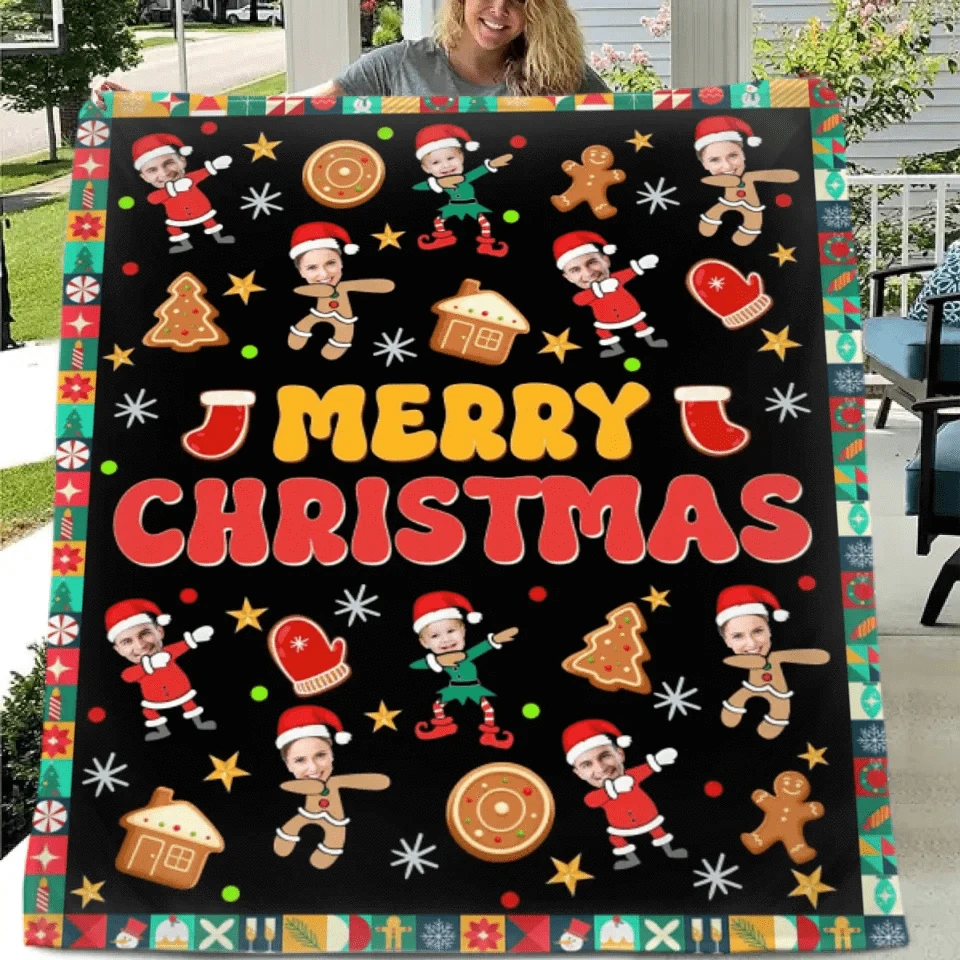 Customized Christmas Blanket with Photos of Family Members - Funny Christmas Blanket Personalized People Photo Cos Cartoon Characters - Christmas Gift For Family