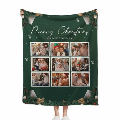 Customizable Christmas Home Blanket with 9 Photos - Christmas Themed Personalized Family Photo Soft Flannel Blanket - Christmas Gift For Family,Party