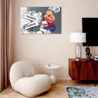Customized Couple Character Wall Art - Decorative Canvas Painting With Personalized Name And Cartoon Couple Characters - Commemorative Gift