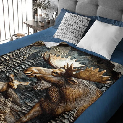 Hunting Theme Custom Blanket - Artistic Engraved Effect Blanket With Personalized Name - A Gift For Friend