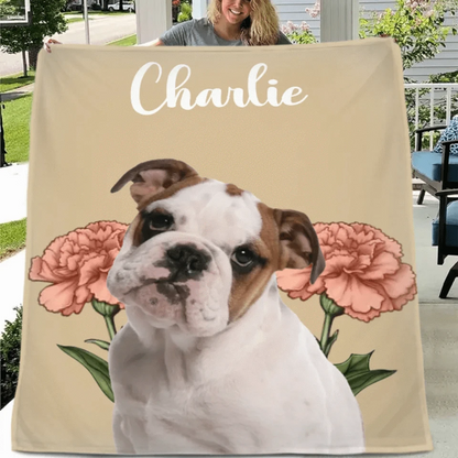 Customized Pet Portrait Blanket - Personalized Pet Name, Photo and Birthday Flower Flannel Blanket - Warm Gift For Pet Owners,pet Lovers