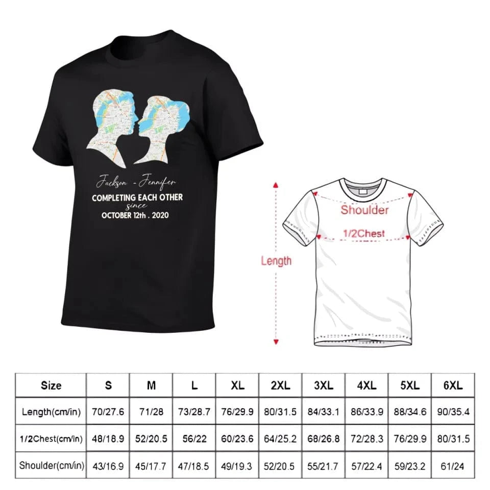 Customized Couple T-shirt - Personalized Name,Date,Map Location Silhouette Couple's Clothing - A Gift For Boyfriend,Girlfriend,Husband,Wife,Anniversary