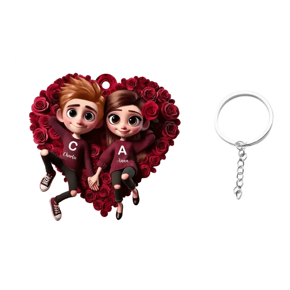 Customized Rose Heart Couple Keychain - Personalized Name and Couple Character Decorated Heart Keychain - A Gift For Couples,Wife,Husband,Girlfriend,Boyfriend,Her,Him