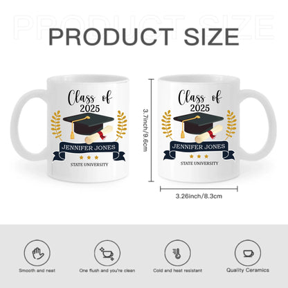 Personalized Graduation Gift Mug With Bachelor Cap, Class of 2025