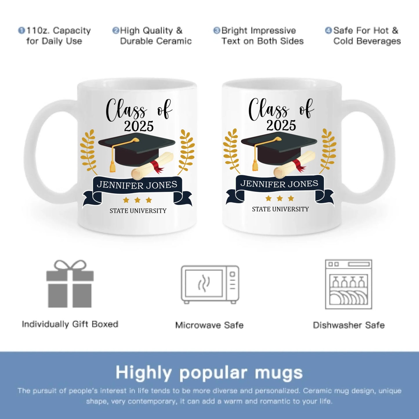 Personalized Graduation Gift Mug With Bachelor Cap, Class of 2025