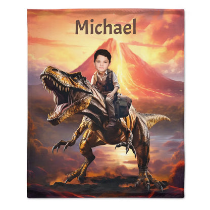 Personalized Custom Dinosaur Blanket For Kids, Child Riding T-Rex Dinosaur, Dinosaur Photo Gifts For Him Son Boyfriend