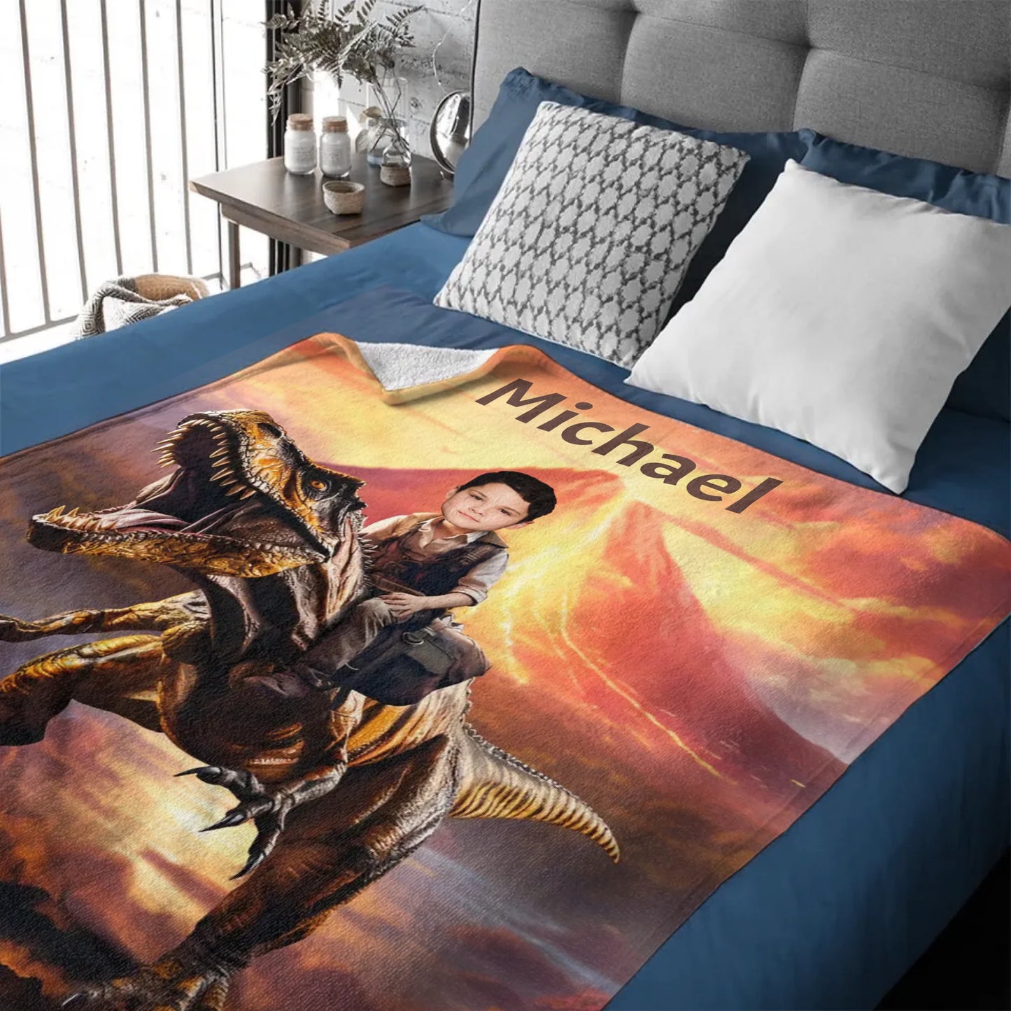Personalized Custom Dinosaur Blanket For Kids, Child Riding T-Rex Dinosaur, Dinosaur Photo Gifts For Him Son Boyfriend