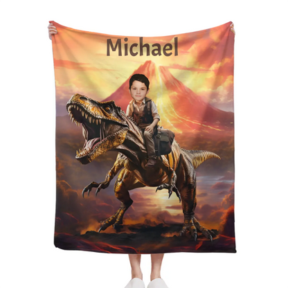 Personalized Custom Dinosaur Blanket For Kids, Child Riding T-Rex Dinosaur, Dinosaur Photo Gifts For Him Son Boyfriend
